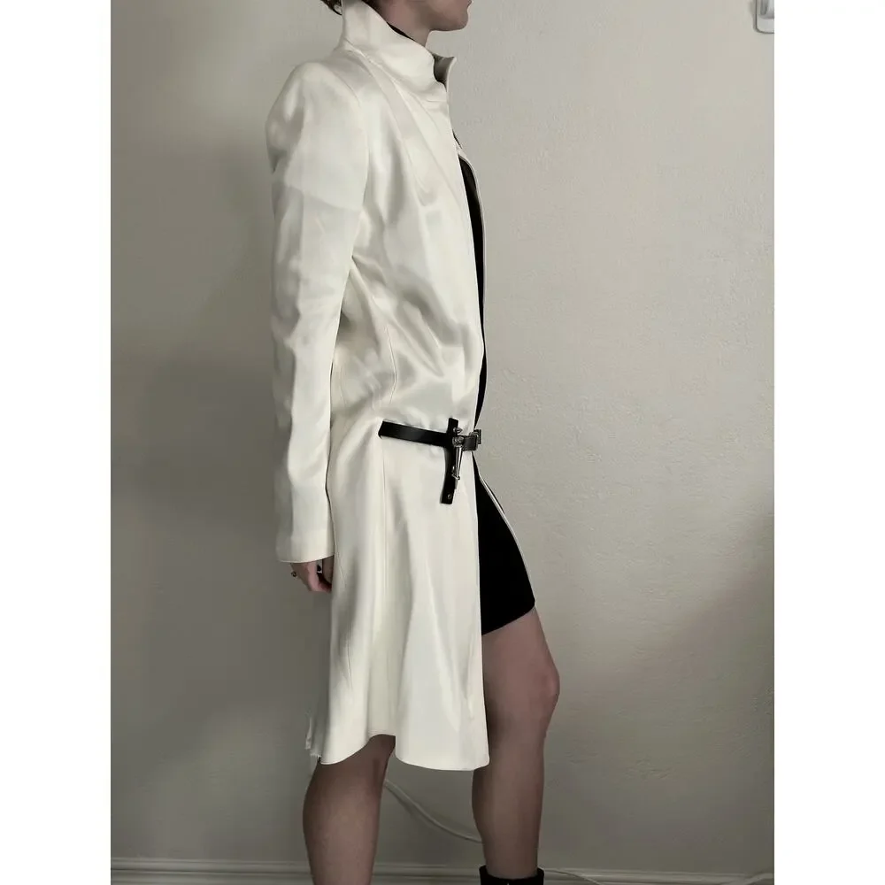 Anthony Vaccarello Hardcore Spike White Midi Coat size FR 36 Black Leather Belt